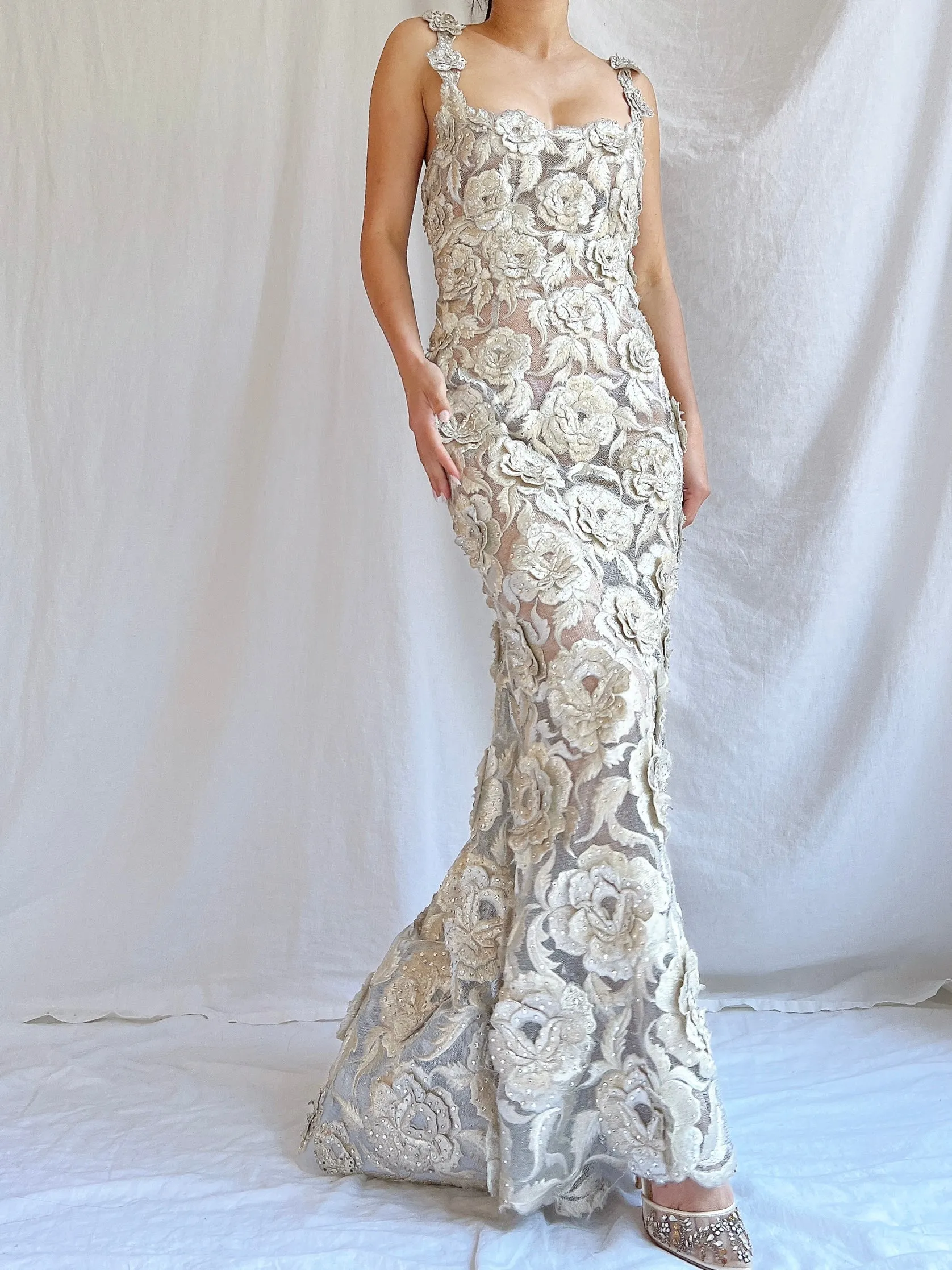 Vintage Fe Zandi Couture Metallic Rose Embroidered Dress - S/4