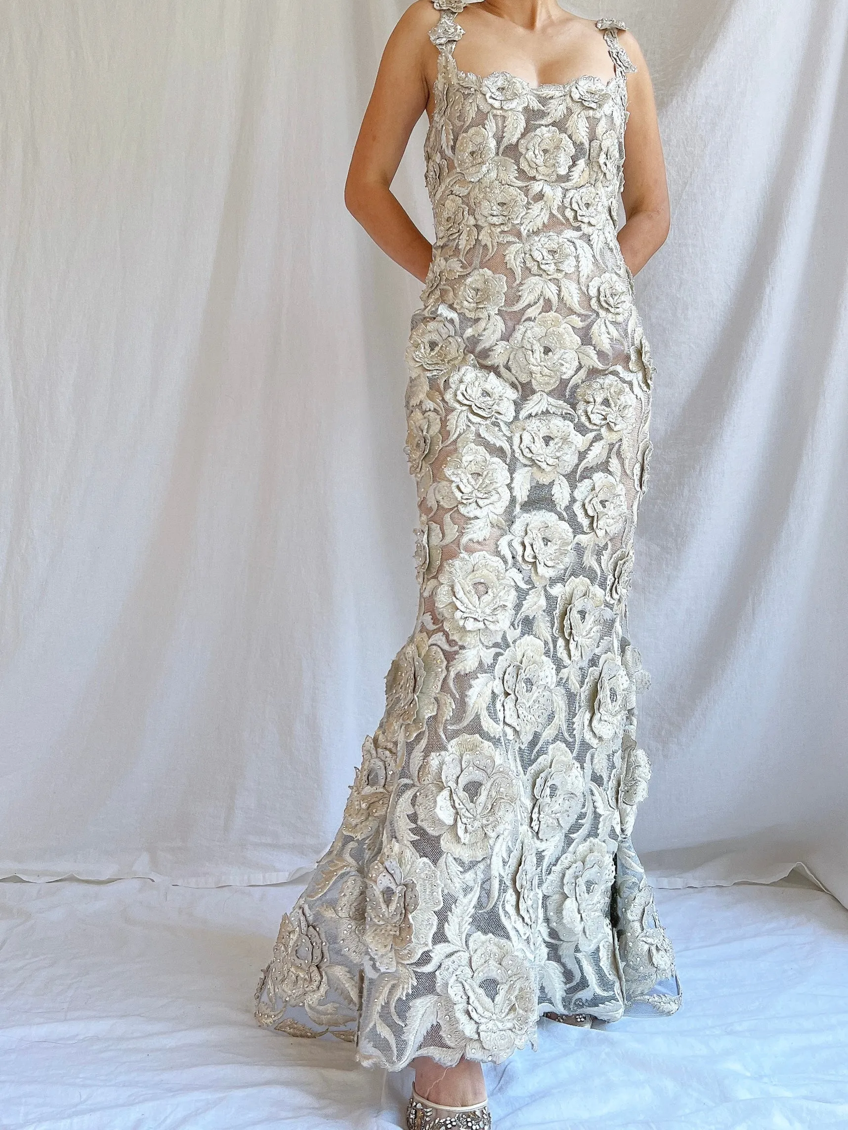 Vintage Fe Zandi Couture Metallic Rose Embroidered Dress - S/4