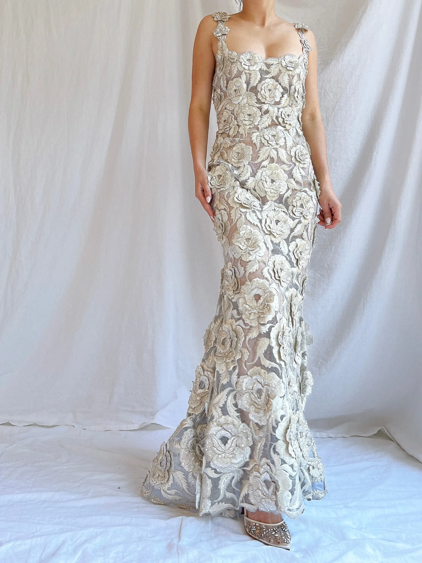 Vintage Fe Zandi Couture Metallic Rose Embroidered Dress - S/4