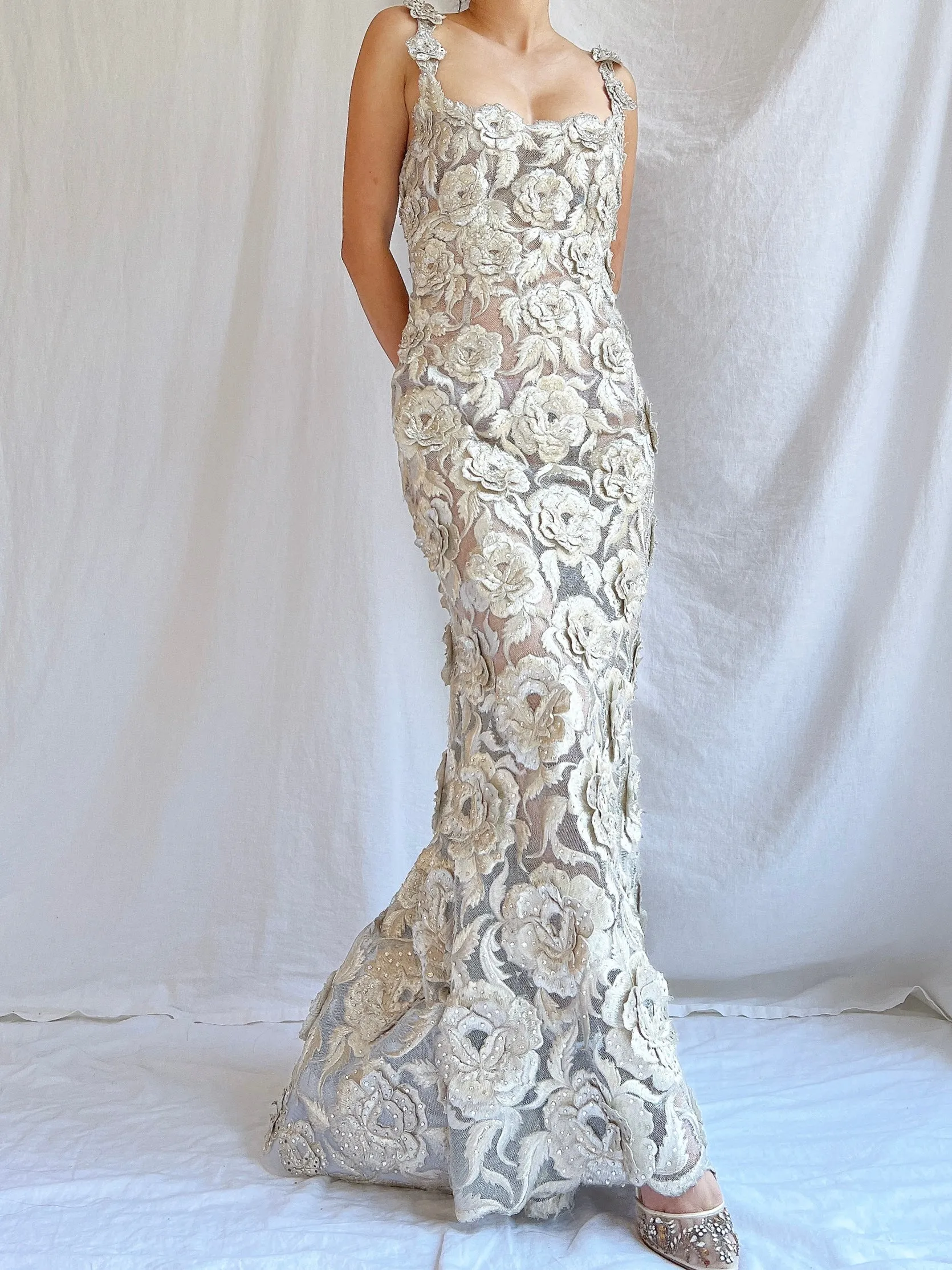 Vintage Fe Zandi Couture Metallic Rose Embroidered Dress - S/4