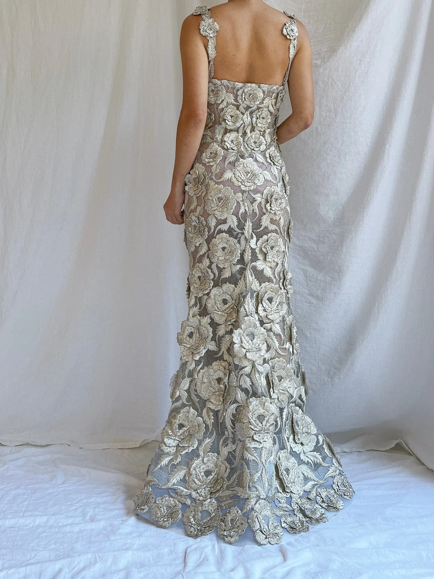 Vintage Fe Zandi Couture Metallic Rose Embroidered Dress - S/4