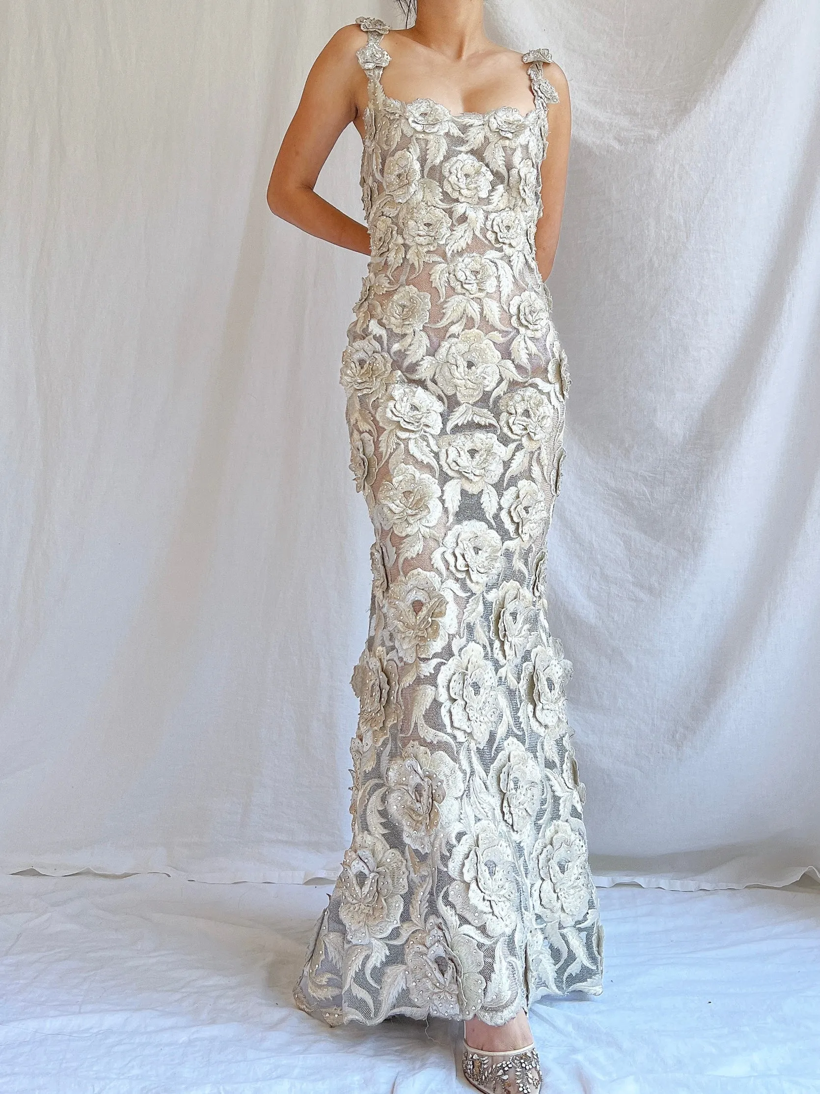 Vintage Fe Zandi Couture Metallic Rose Embroidered Dress - S/4