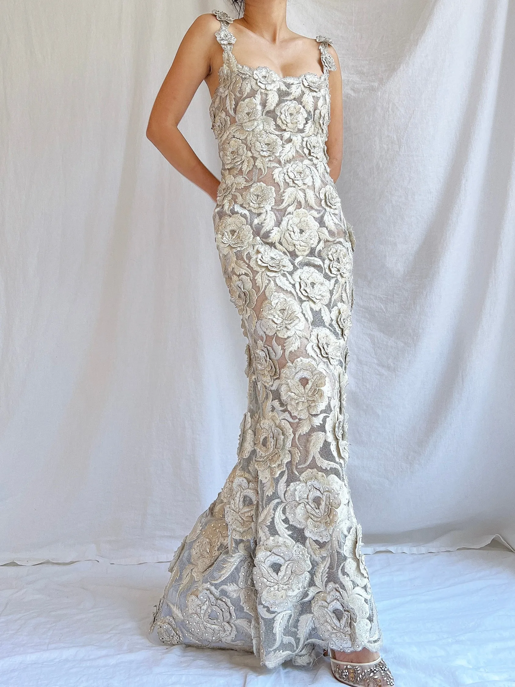 Vintage Fe Zandi Couture Metallic Rose Embroidered Dress - S/4