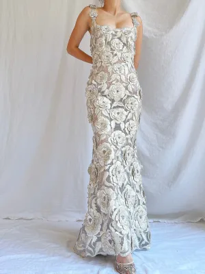 Vintage Fe Zandi Couture Metallic Rose Embroidered Dress - S/4