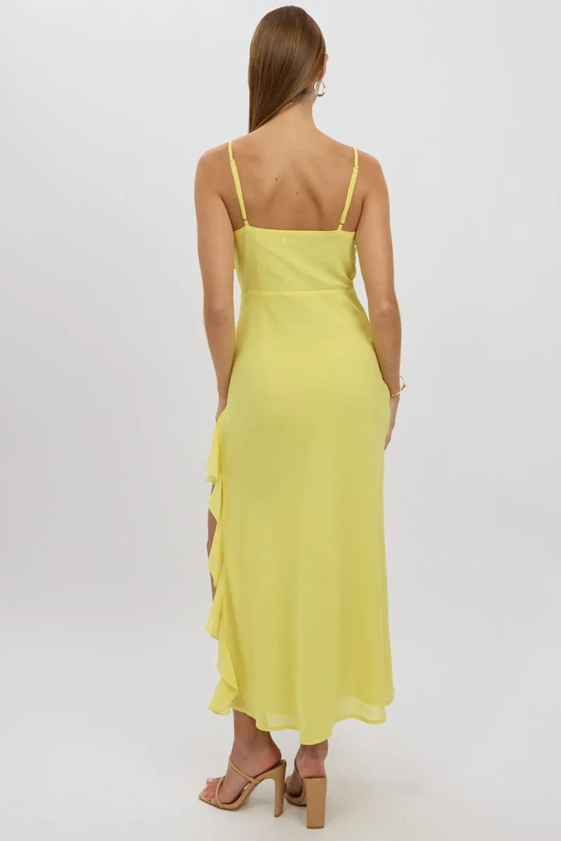 Yellow Bodycon Dress Maxi Ruffle Slit Chiffon