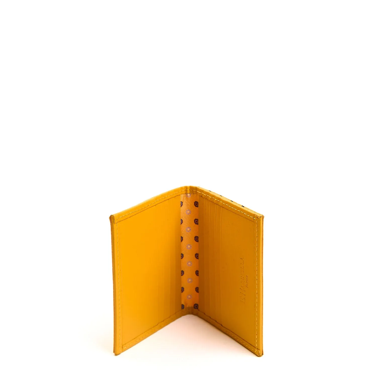YELLOW SILK AND LEATHER FOLDING CARD HOLDER
